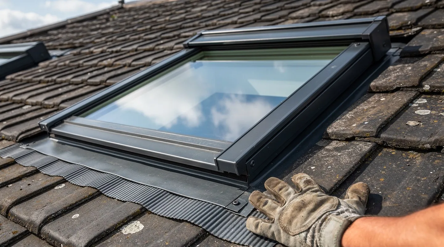 Ein neues Dachfenster mit grauem Eindeckrahmen in einem anthrazitfarbenen Ziegeldach, im Glas spiegelt sich der Himmel.