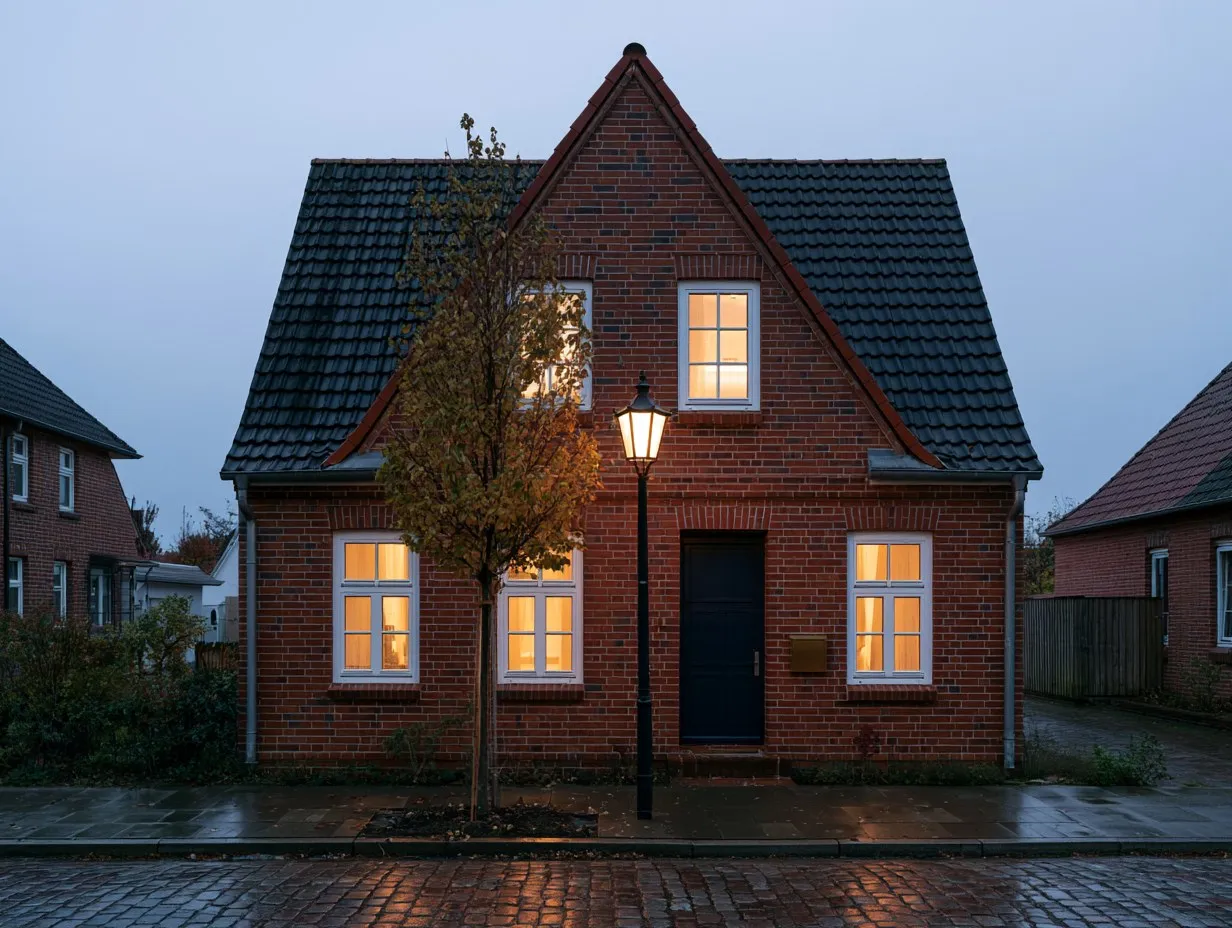 Das Kanzleihaus aus rotem Klinker mit Giebel am Abend, in den Fenstern brennt Licht, davor ein Baum und eine Laterne.