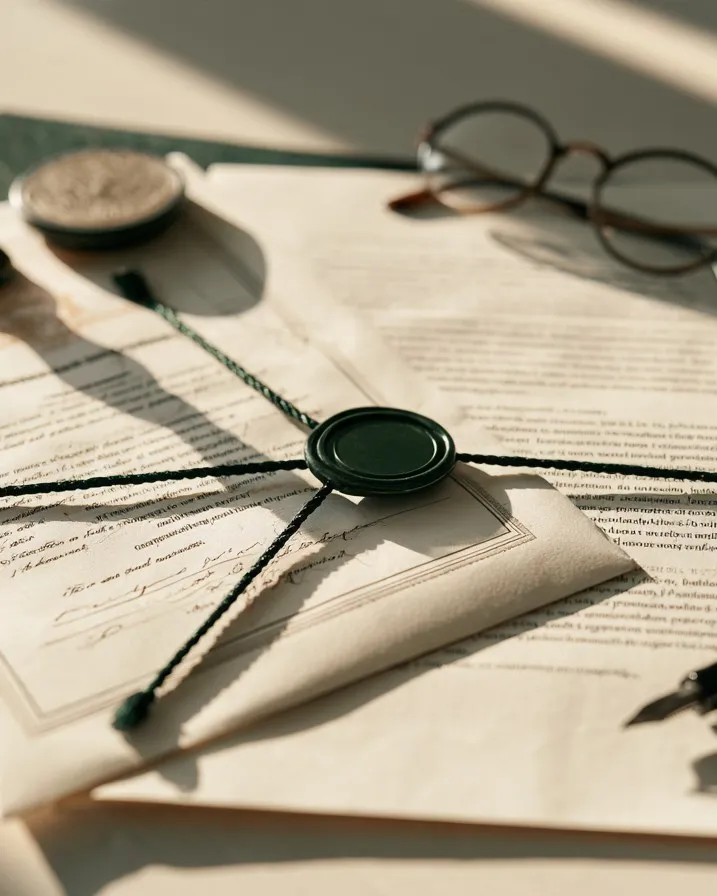 Original und Übersetzung nebeneinander, mit dunkelgrüner Kordel und Siegel verbunden, daneben Stempel und Brille