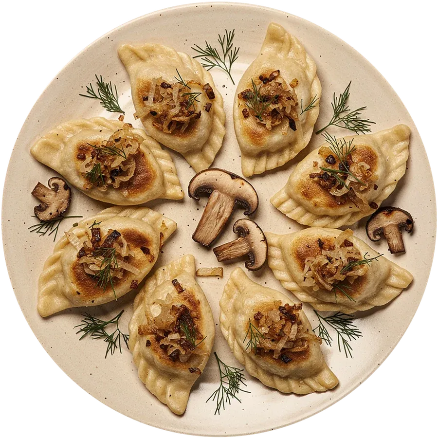 Acht goldbraun angebratene Pierogi mit Kraut und Pilzen, dazu Dill