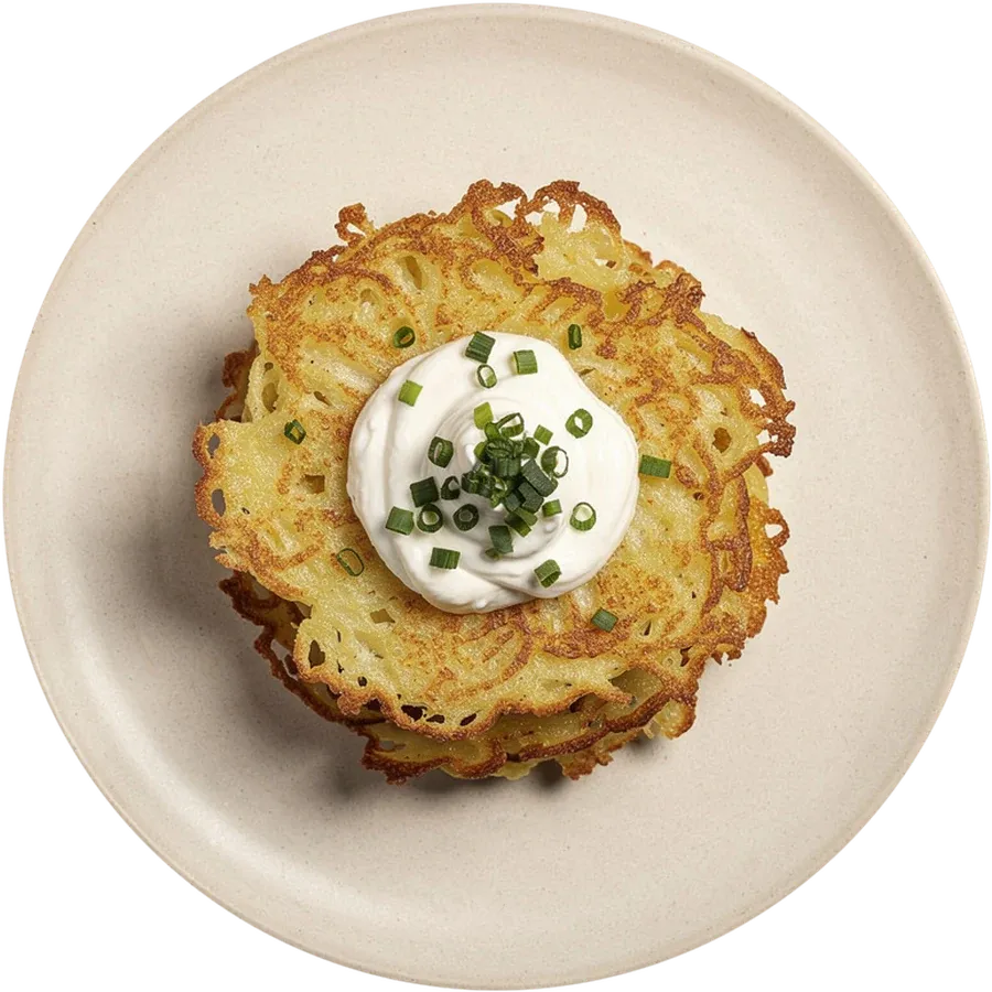 Drei knusprige Kartoffelpuffer mit Schmand und Schnittlauch