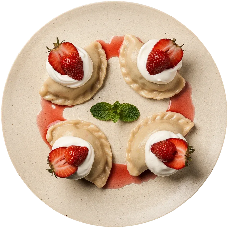 Erdbeer-Pierogi mit Vanillejoghurt, halben Erdbeeren und einem Minzblatt