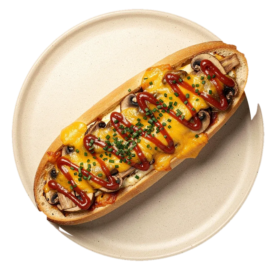 Zapiekanka mit Champignons, geschmolzenem Käse und Ketchup im Zickzack
