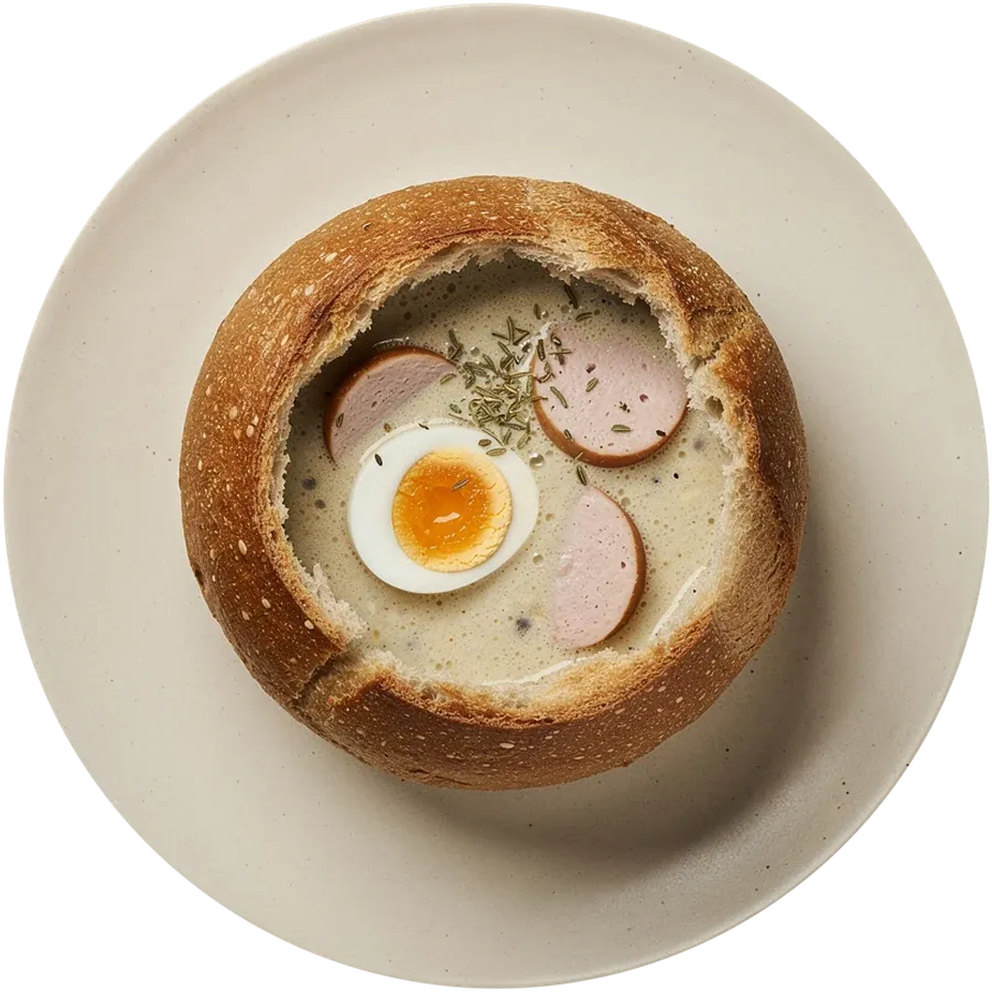 Żurek in einem ausgehöhlten Brotlaib mit Wurstscheiben und einem halben Ei